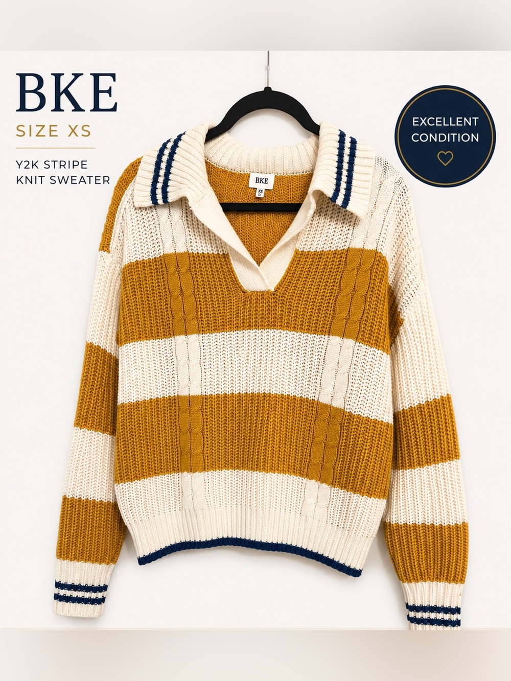BKE Women's Mustard & Cream Striped V-Neck Collared Knit Sweater